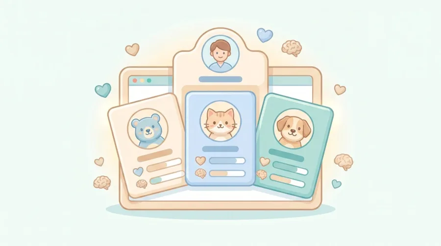 Illustration de fiches de profils Compagnons avec leurs avatars animaux.