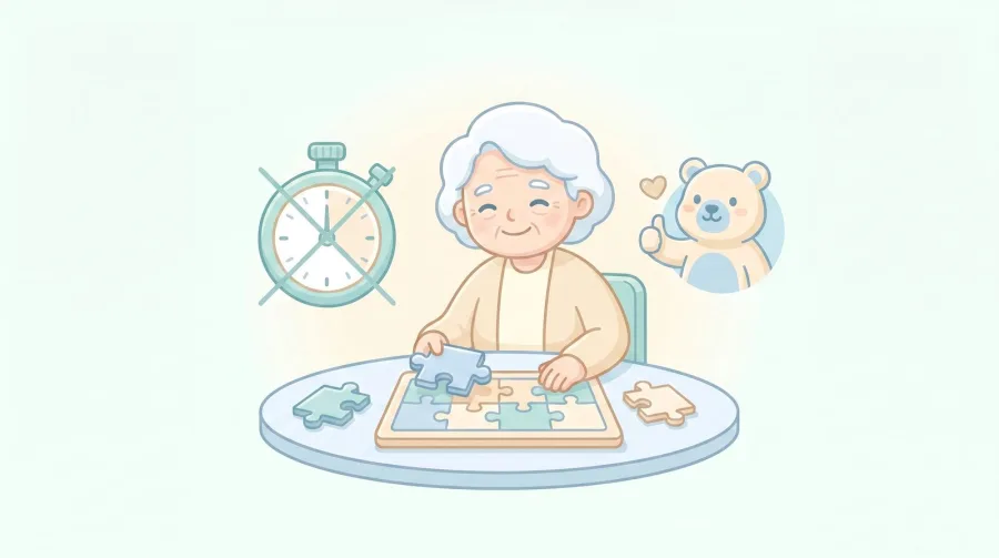 Illustration d'une séance d'exercices cognitifs chronométrée avec un jeu de formes à assembler.