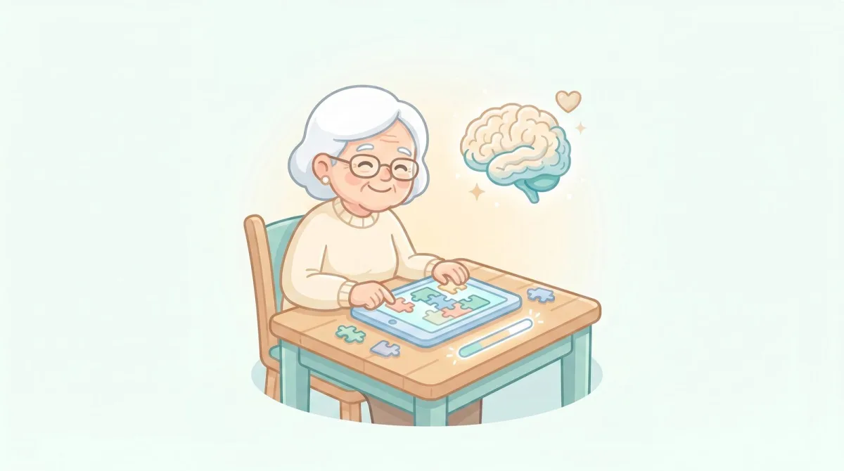 Une personne âgée réalise un exercice cognitif sur une tablette numérique.